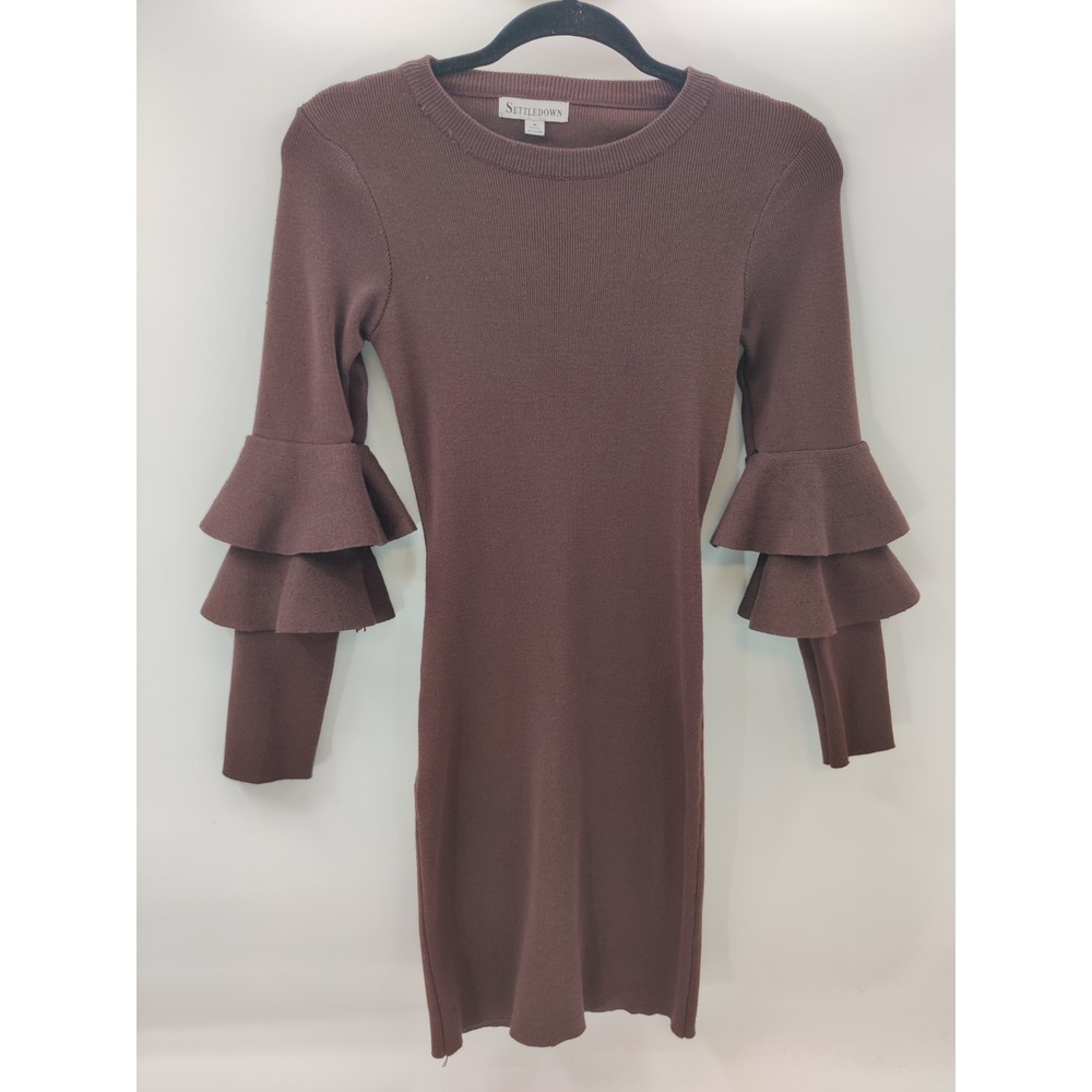 Settledown Womens Ribbed Knit Mini Dress‎ Ruffle Tiered Sleeve Brown Medium
